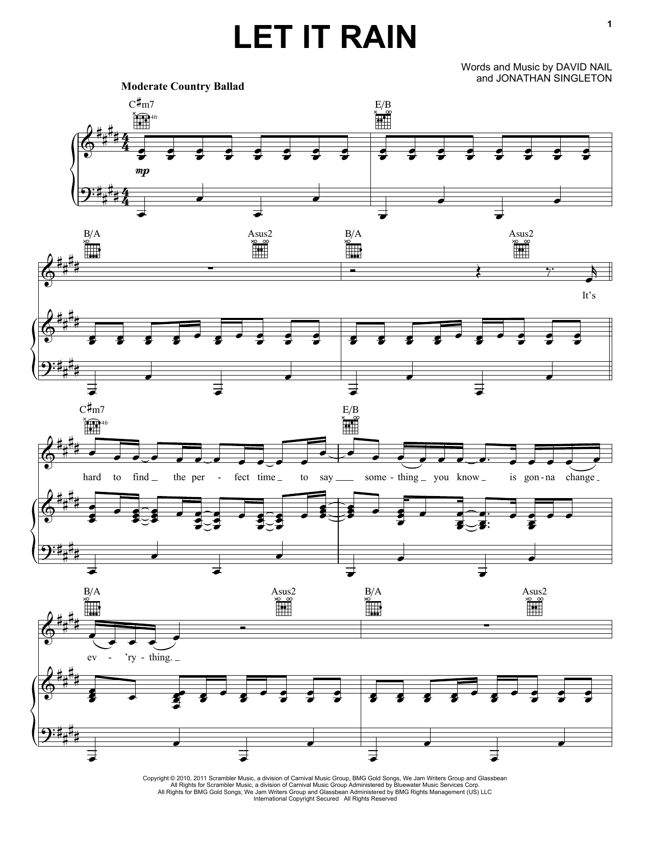 David Nail Let It Rain Sheet Music Notes & Chords for Piano, Vocal & Guitar (Right-Hand Melody) - Download or Print PDF