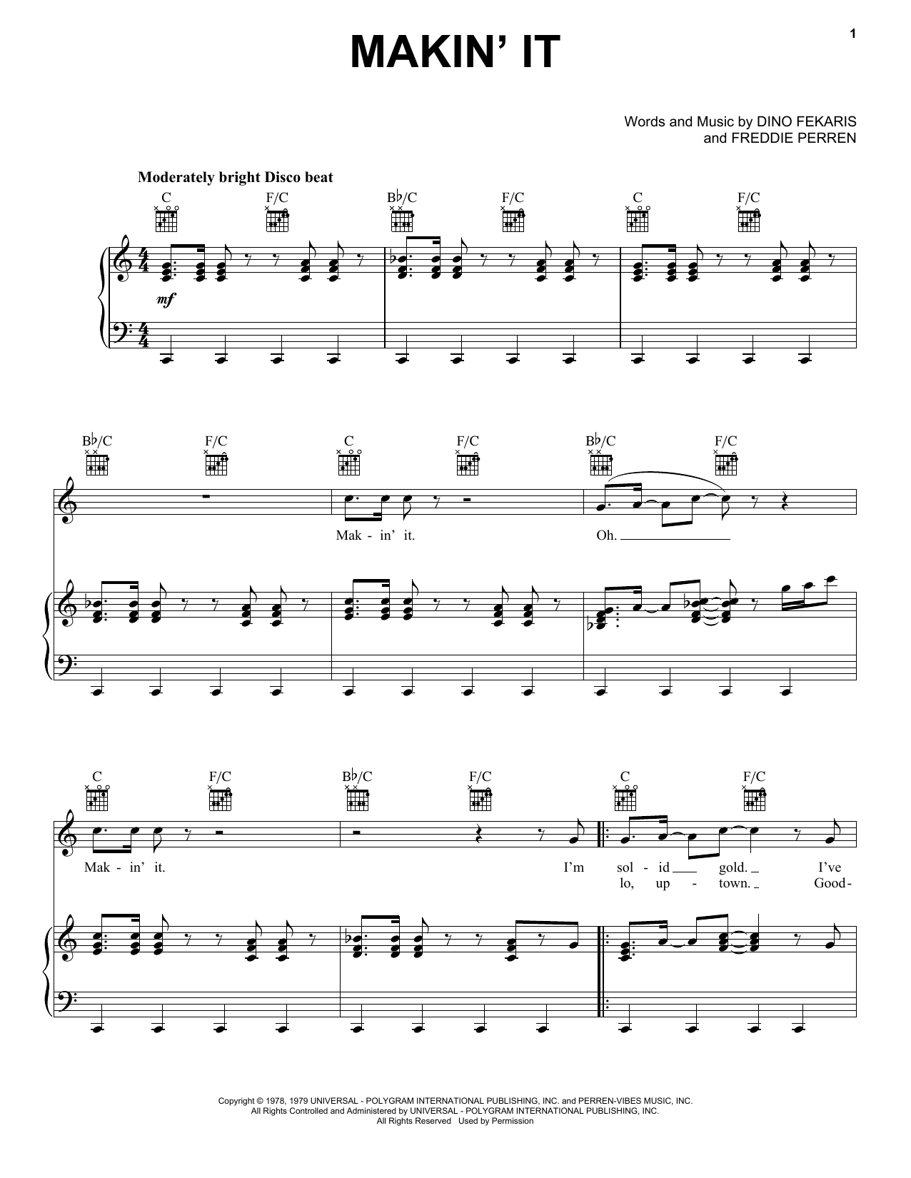 David Naughton Makin' It Sheet Music Notes & Chords for Piano, Vocal & Guitar Chords (Right-Hand Melody) - Download or Print PDF