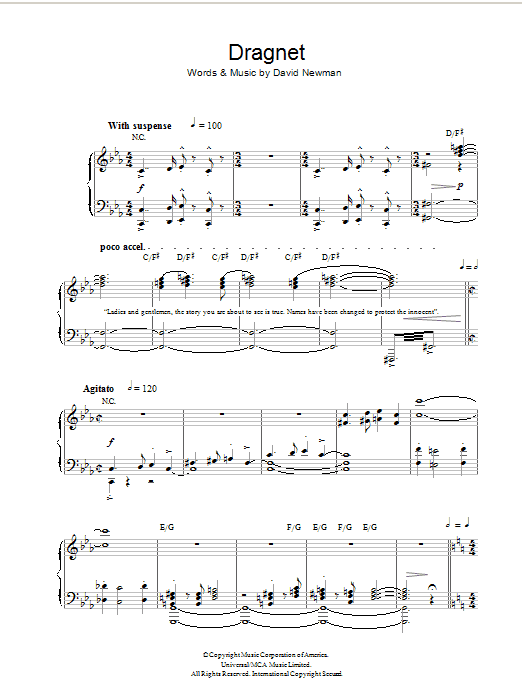 David Newman Dragnet Sheet Music Notes & Chords for Piano - Download or Print PDF