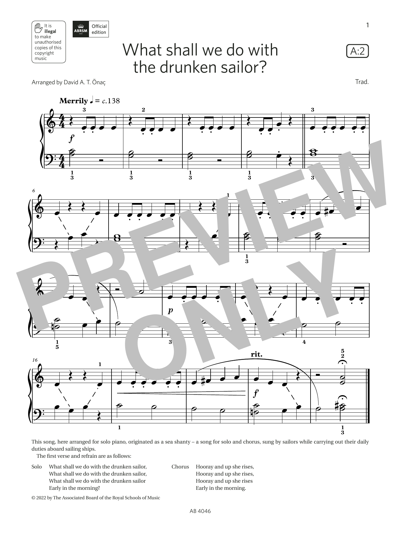 David Önac What shall we do with the drunken sailor? (Grade Initial, list A2, ABRSM Piano Syllabus 2023 & 2024) Sheet Music Notes & Chords for Piano Solo - Download or Print PDF