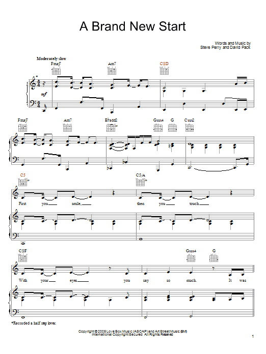 Steve Perry A Brand New Start Sheet Music Notes & Chords for Piano, Vocal & Guitar (Right-Hand Melody) - Download or Print PDF Steve Perry A Brand New Start Sheet Music Notes & Chords for Piano, Vocal & Guitar (Right-Hand Melody) - Download or Print PDF