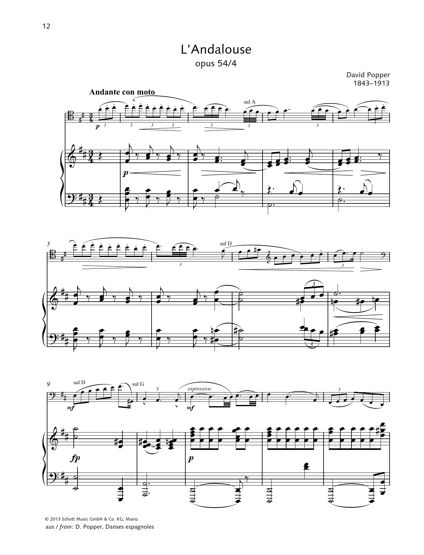 Dávid Popper L'Andalouse Sheet Music Notes & Chords for String Solo - Download or Print PDF