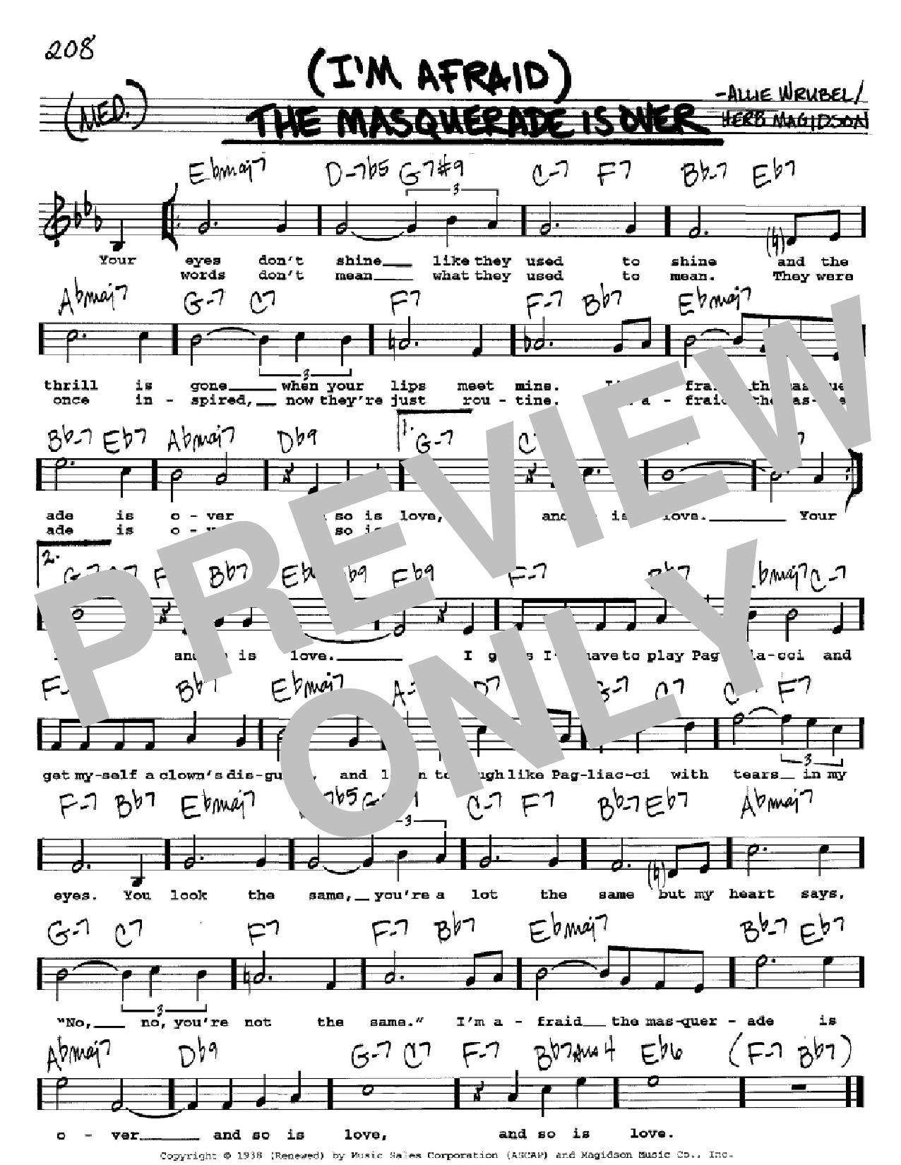 Allie Wrubel (I'm Afraid) The Masquerade Is Over Sheet Music Notes & Chords for Real Book - Melody, Lyrics & Chords - C Instruments - Download or Print PDF