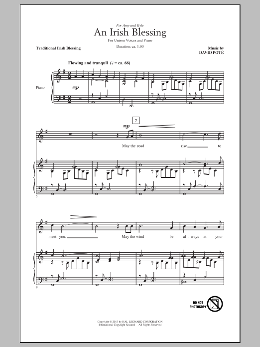 David Pote An Irish Blessing Sheet Music Notes & Chords for Unison Choral - Download or Print PDF