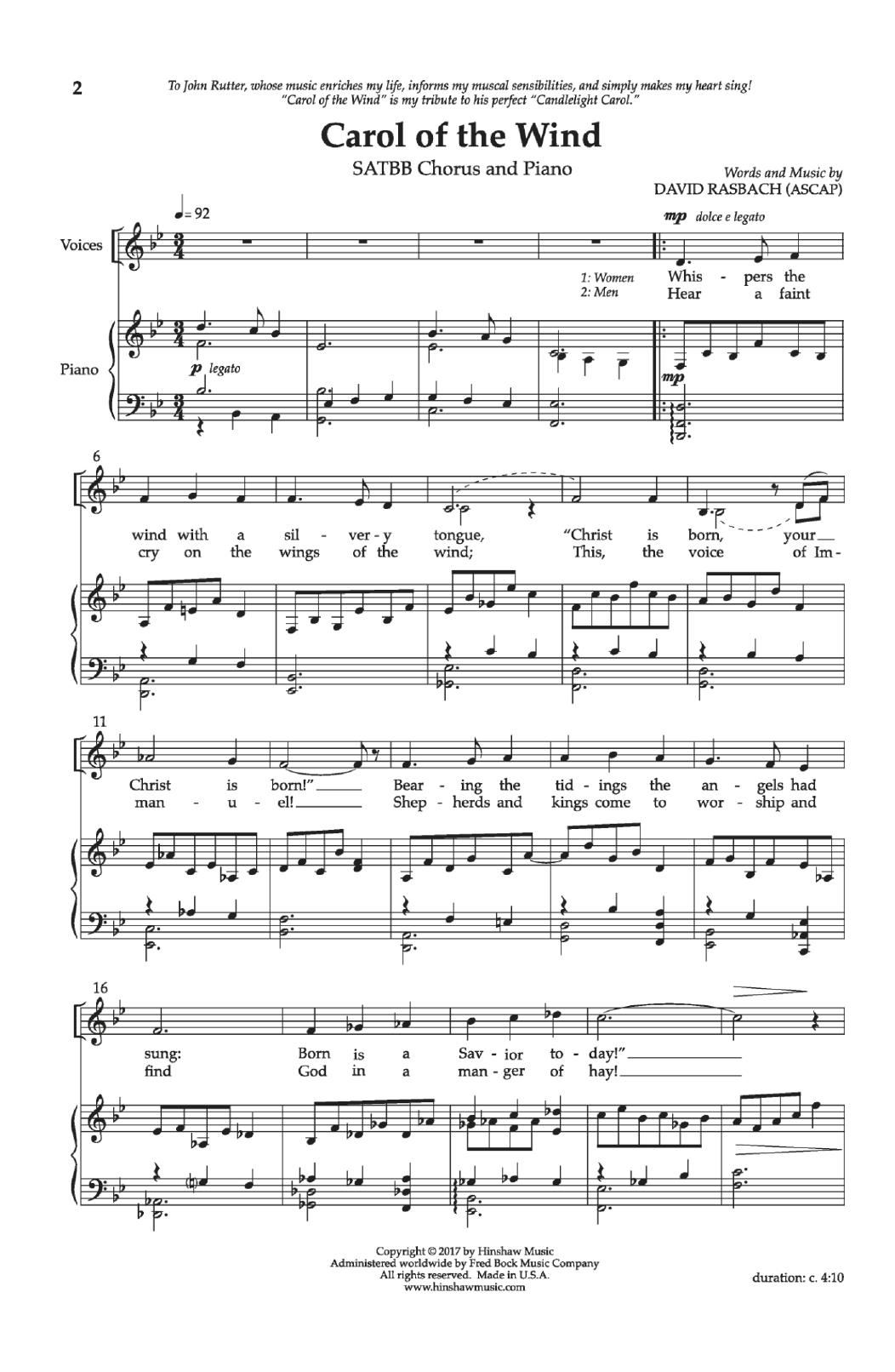 David Rasbach Carol Of The Wind Sheet Music Notes & Chords for Choral - Download or Print PDF