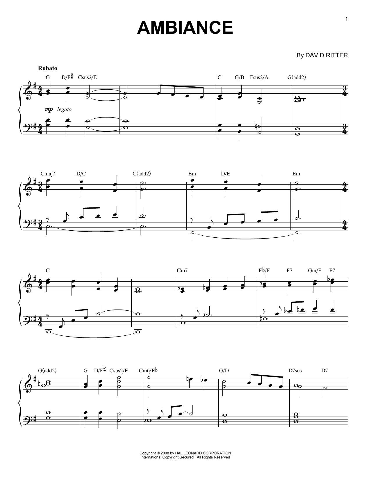 David Ritter Ambiance Sheet Music Notes & Chords for Piano Solo - Download or Print PDF