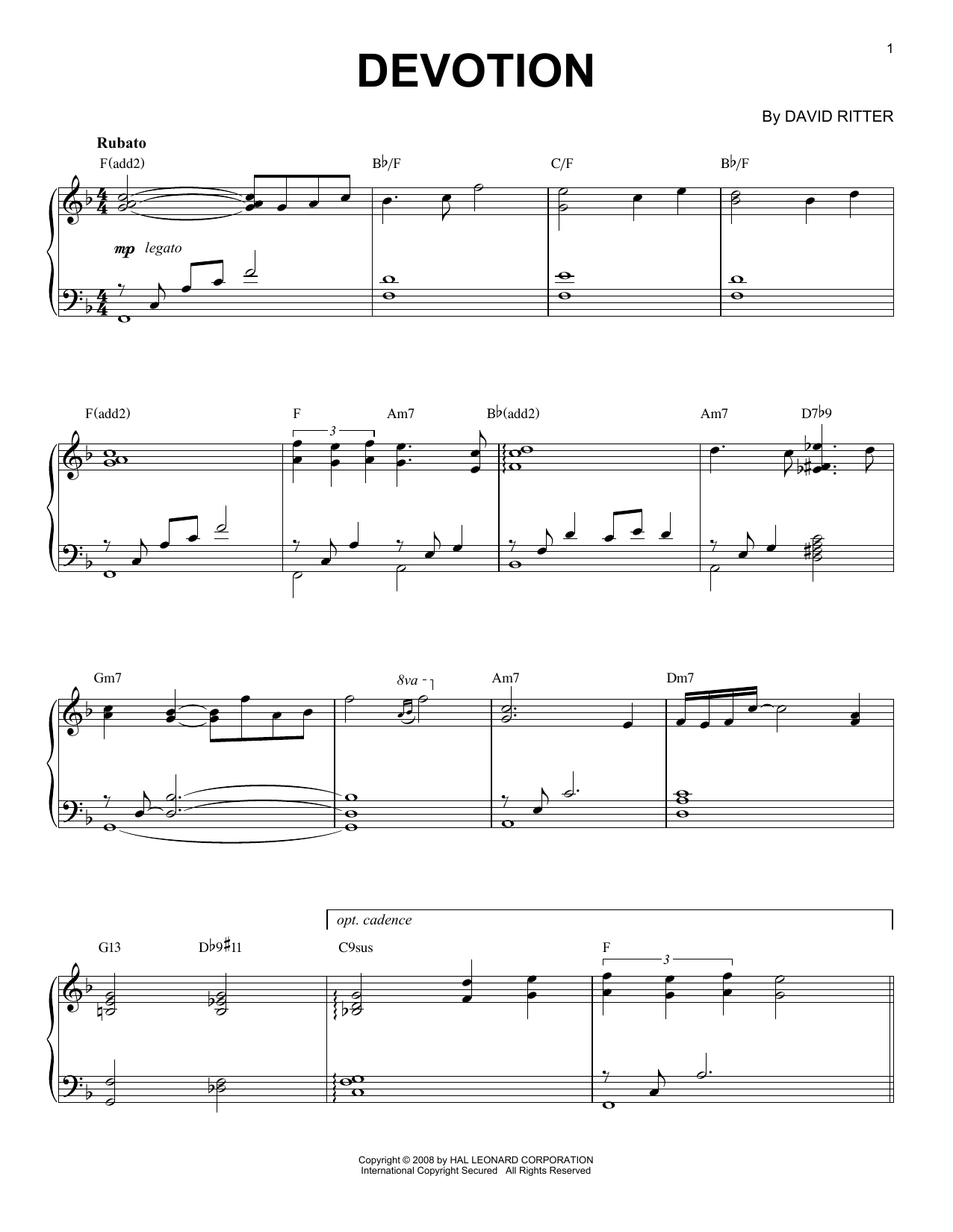 David Ritter Devotion Sheet Music Notes & Chords for Piano Solo - Download or Print PDF