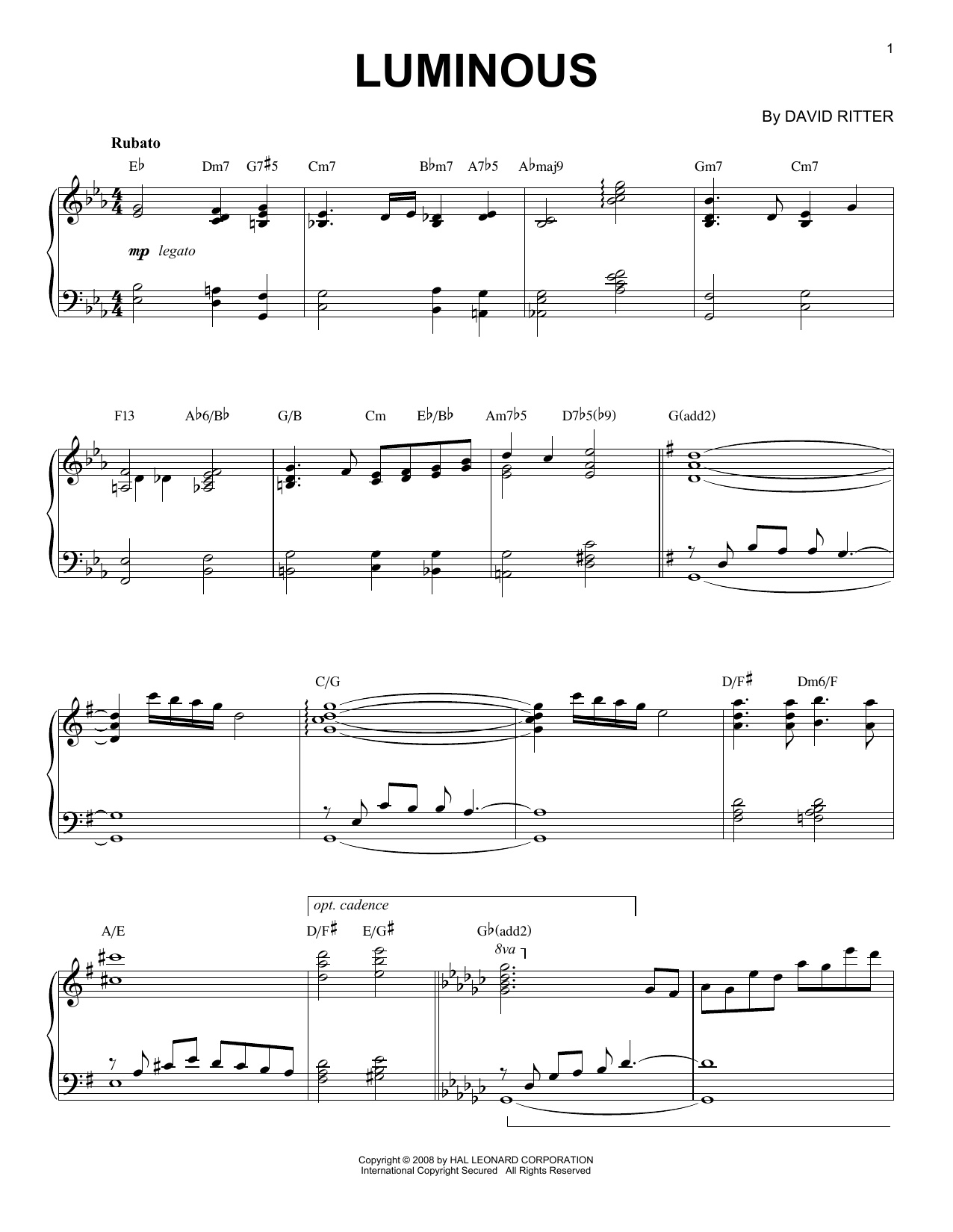 David Ritter Luminous Sheet Music Notes & Chords for Piano Solo - Download or Print PDF