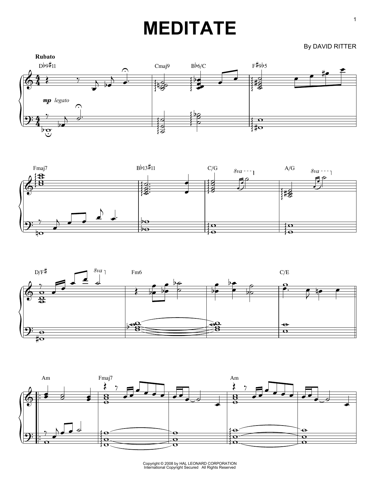 David Ritter Meditate Sheet Music Notes & Chords for Piano Solo - Download or Print PDF
