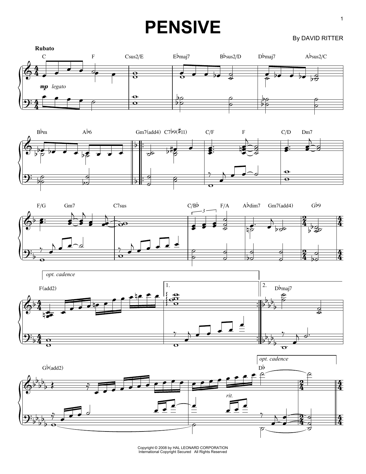David Ritter Pensive Sheet Music Notes & Chords for Piano Solo - Download or Print PDF