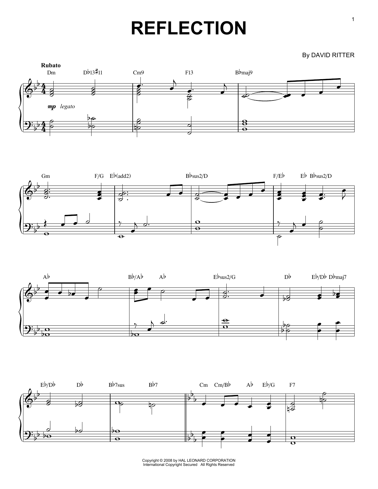 David Ritter Reflection Sheet Music Notes & Chords for Piano Solo - Download or Print PDF