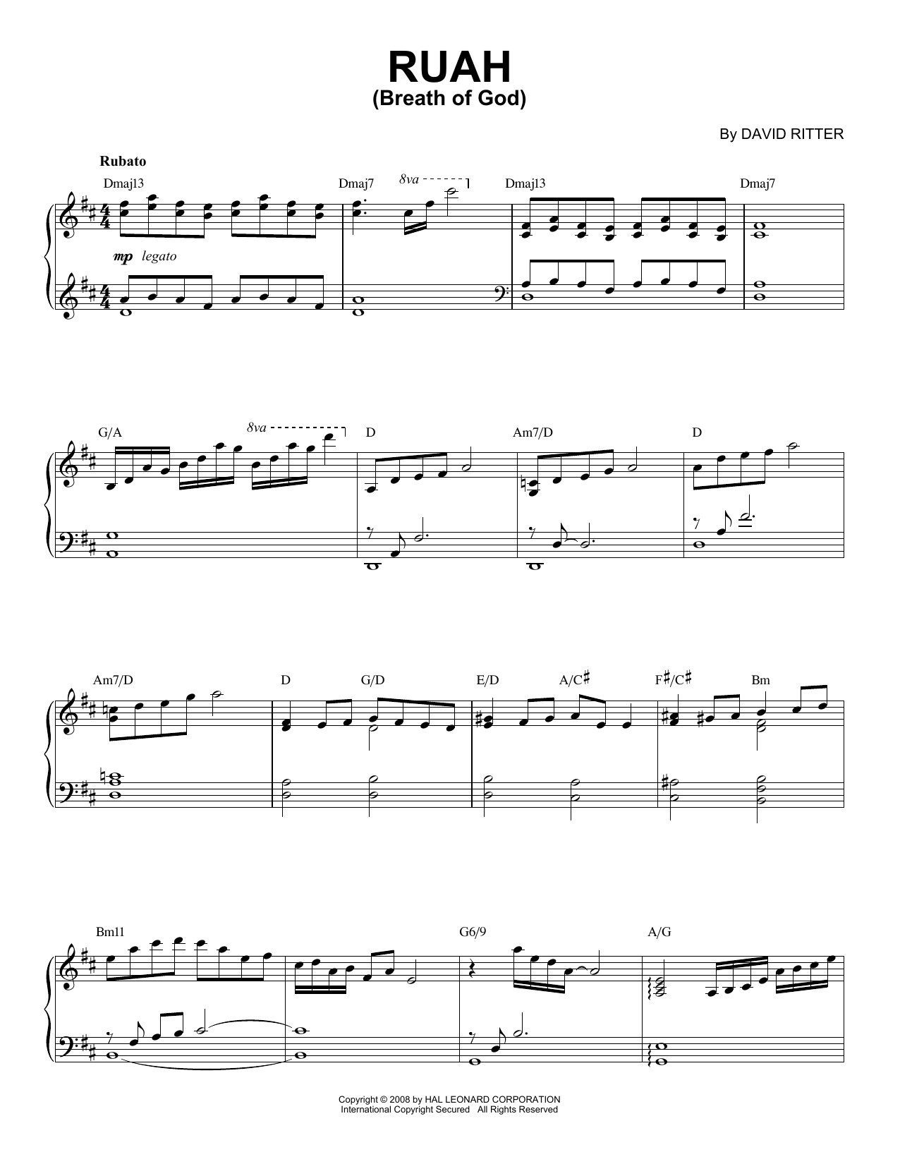 David Ritter Ruah (Breath Of God) Sheet Music Notes & Chords for Piano Solo - Download or Print PDF