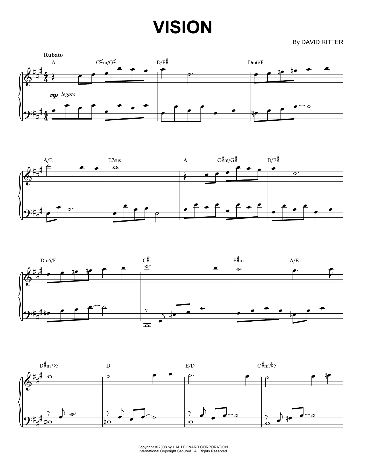 David Ritter Vision Sheet Music Notes & Chords for Piano Solo - Download or Print PDF