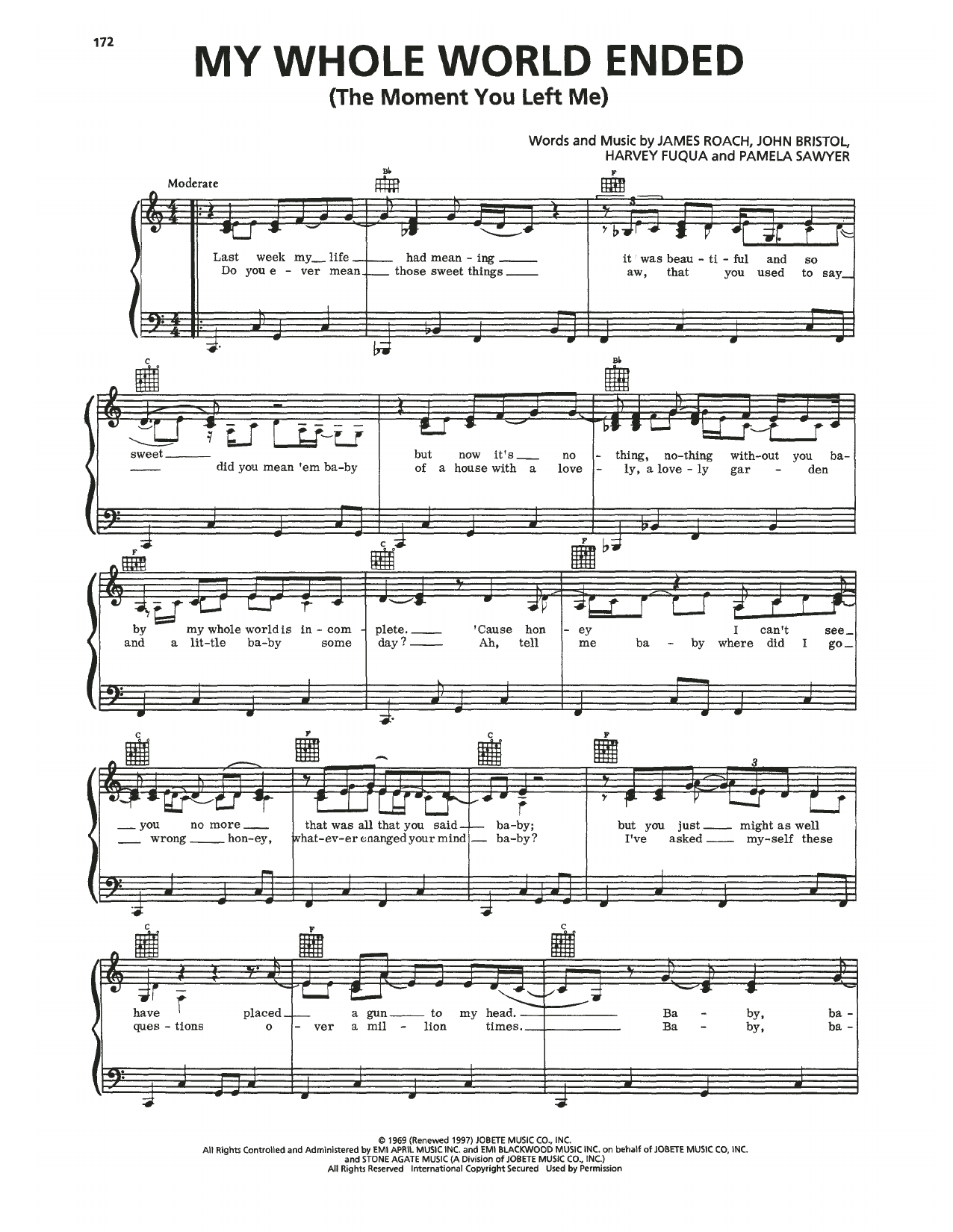 David Ruffin My Whole World Ended (The Moment You Left Me) Sheet Music Notes & Chords for Piano, Vocal & Guitar Chords (Right-Hand Melody) - Download or Print PDF