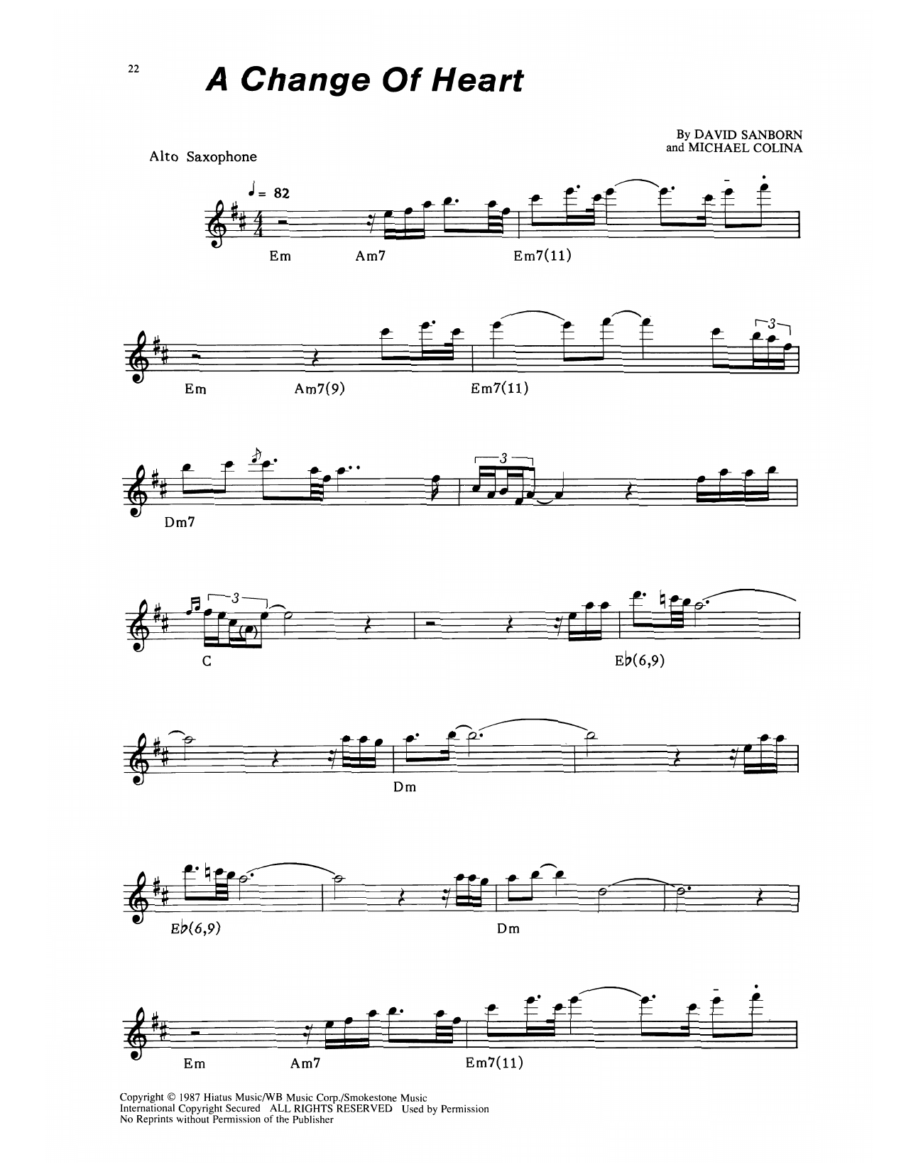 David Sanborn A Change Of Heart Sheet Music Notes & Chords for Alto Sax Transcription - Download or Print PDF
