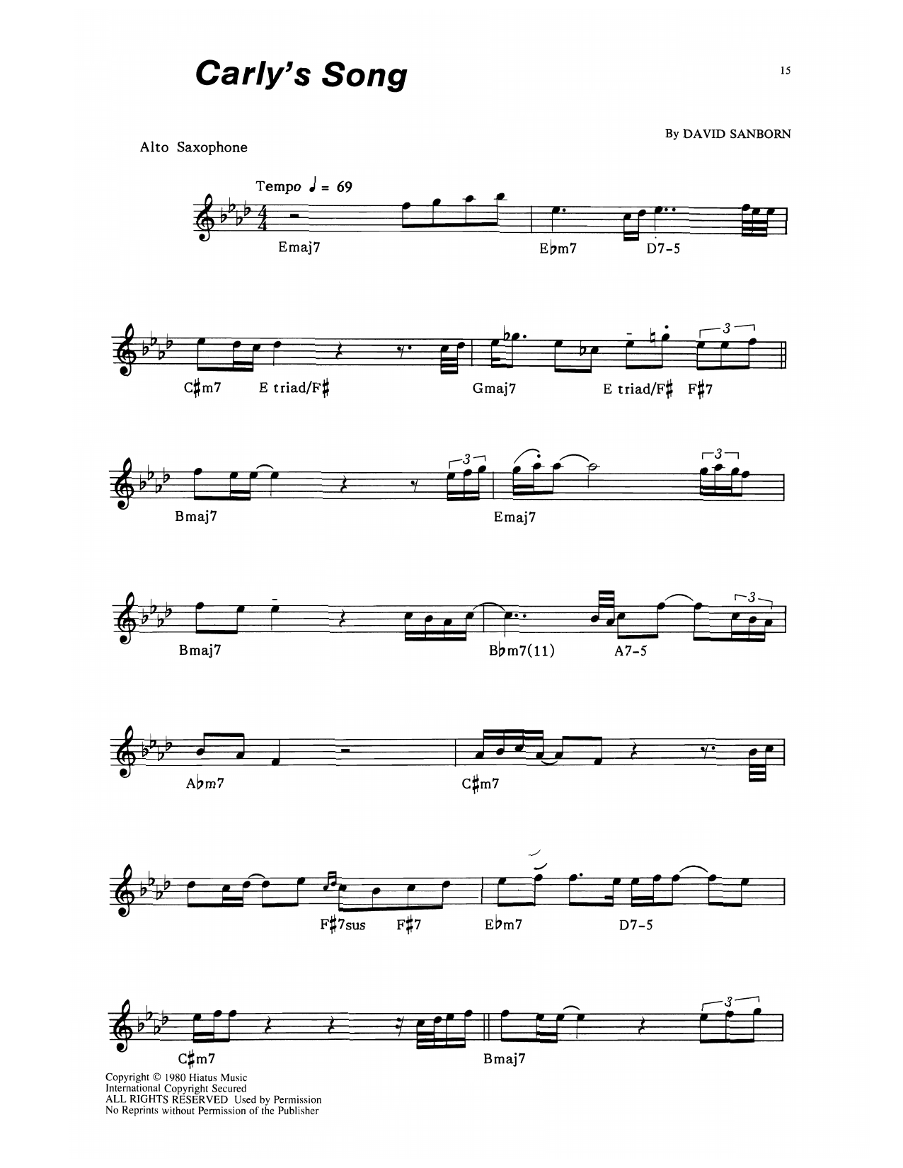 David Sanborn Carly's Song Sheet Music Notes & Chords for Alto Sax Transcription - Download or Print PDF