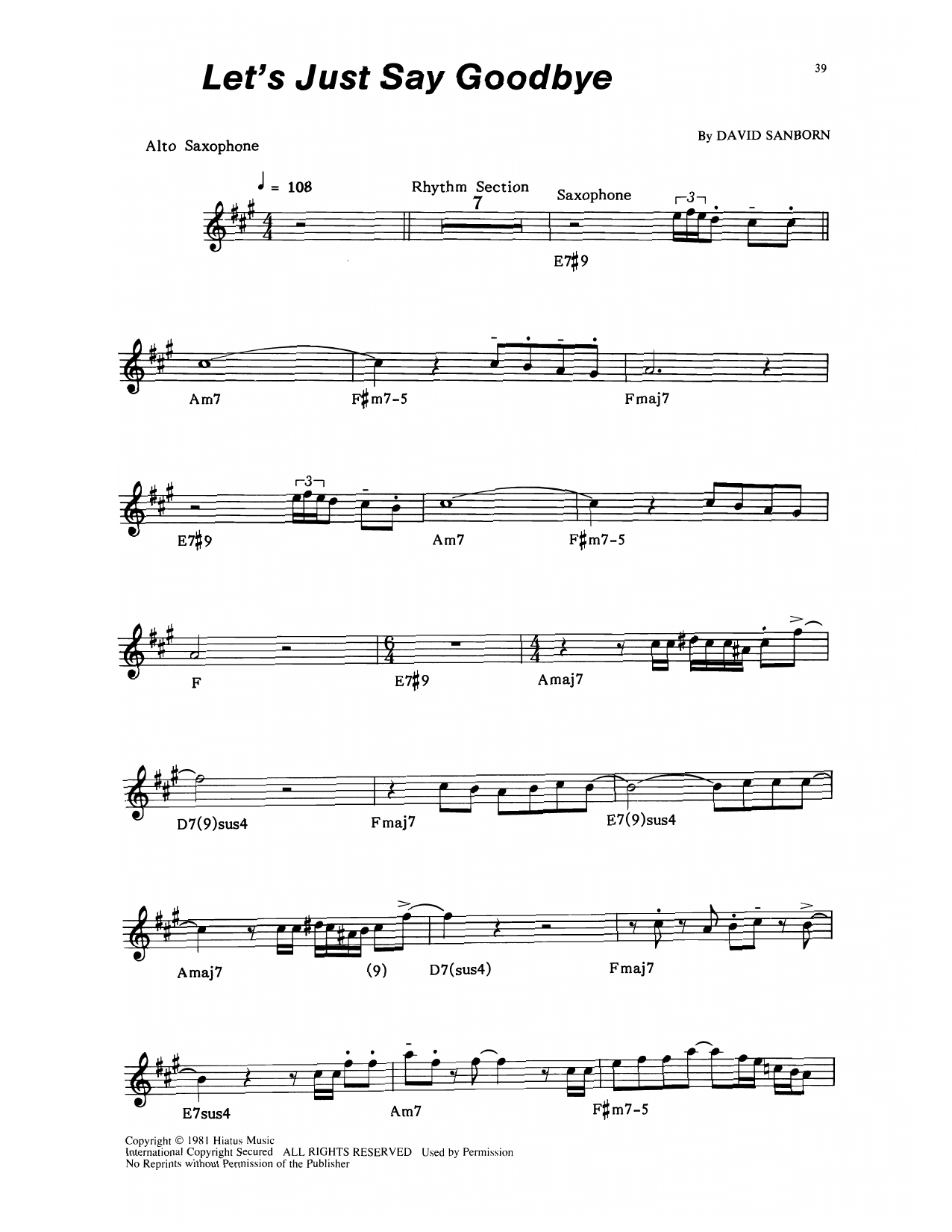 David Sanborn Let's Just Say Goodbye Sheet Music Notes & Chords for Alto Sax Transcription - Download or Print PDF