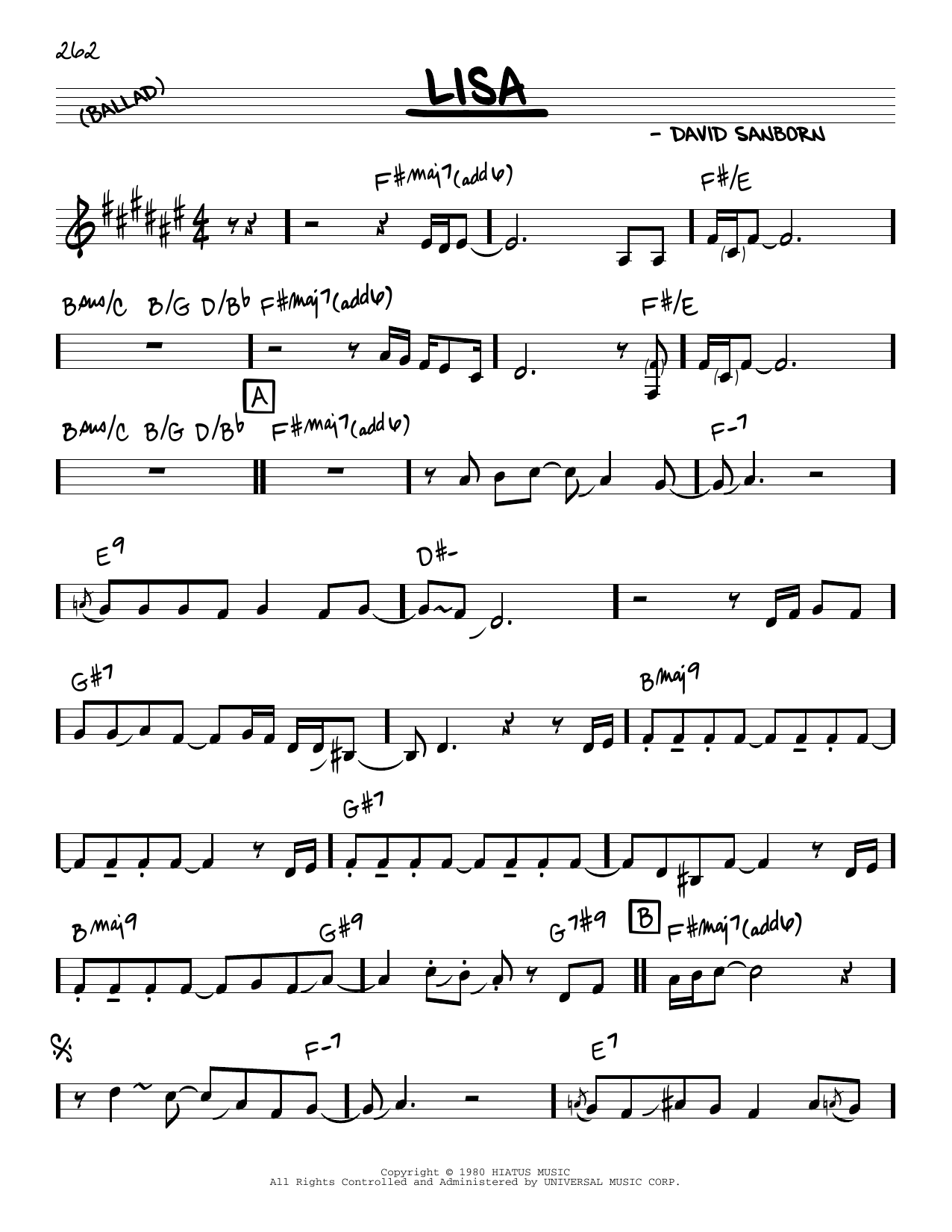 David Sanborn Lisa Sheet Music Notes & Chords for Real Book – Melody & Chords - Download or Print PDF