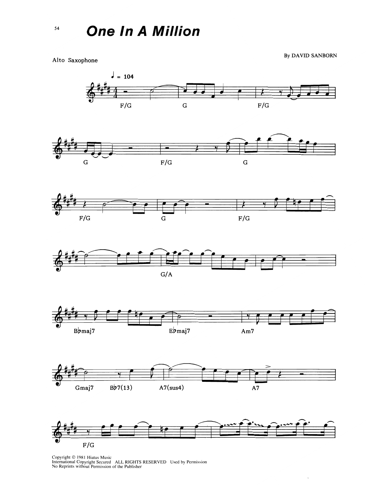 David Sanborn One In A Million Sheet Music Notes & Chords for Alto Sax Transcription - Download or Print PDF