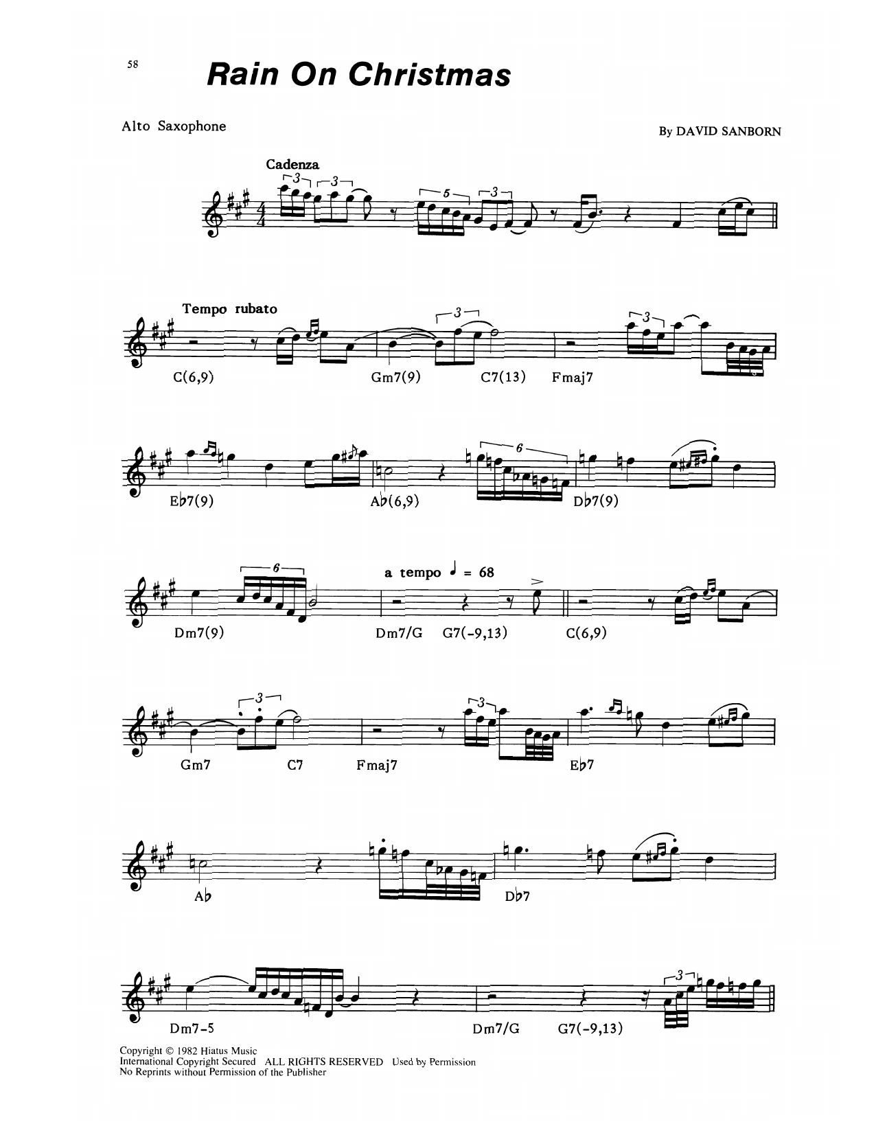David Sanborn Rain On Christmas Sheet Music Notes & Chords for Alto Sax Transcription - Download or Print PDF