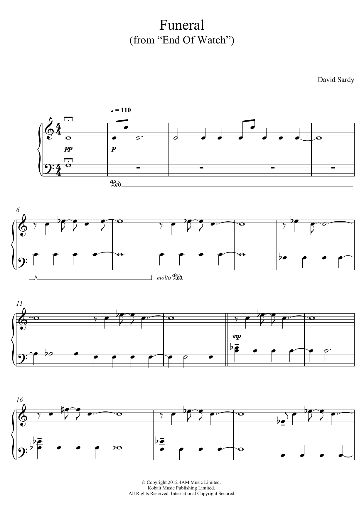 David Sardy Funeral (From End Of Watch) Sheet Music Notes & Chords for Piano - Download or Print PDF