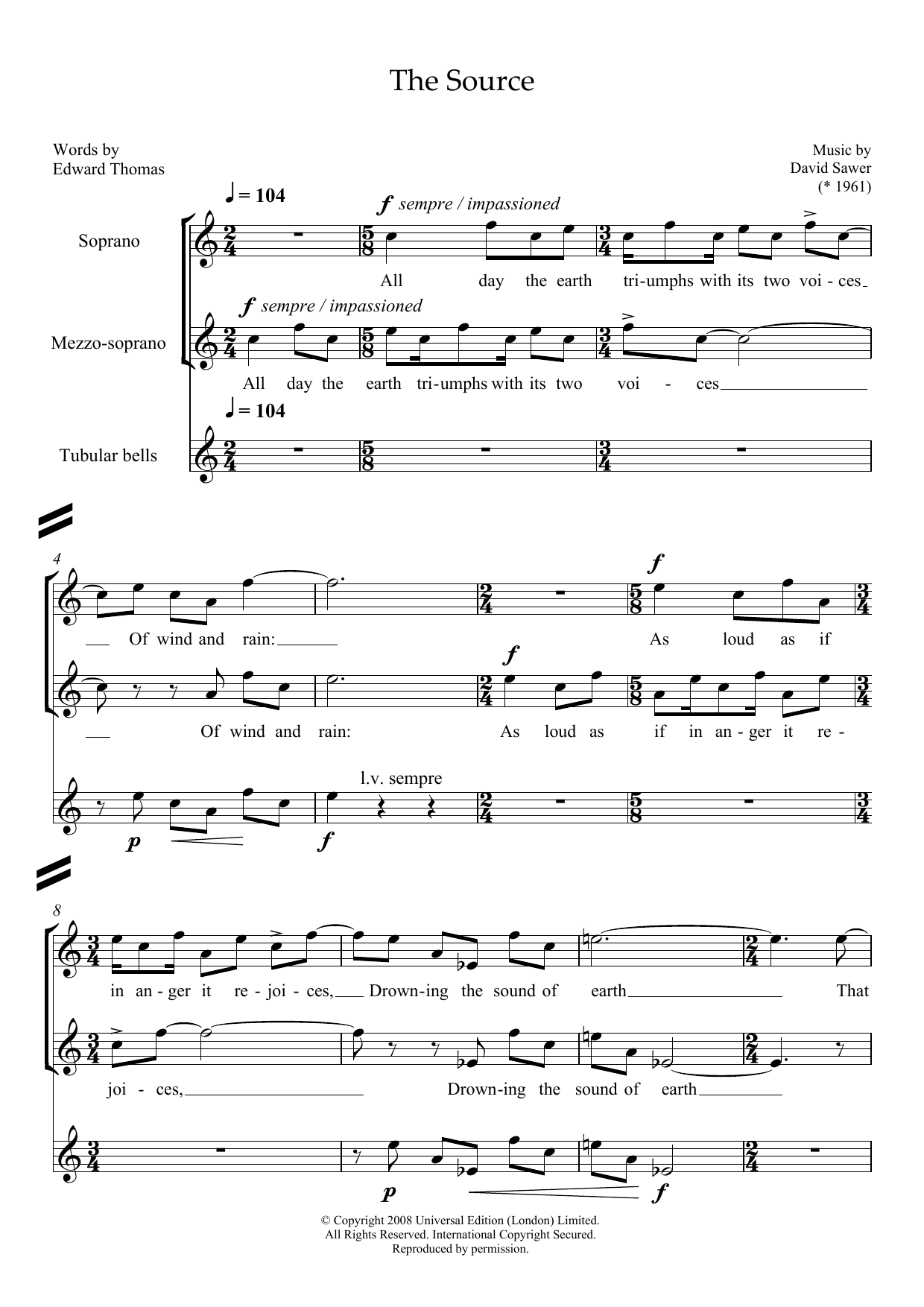 David Sawer The Source (for soprano, mezzo-soprano and tubular bells) Sheet Music Notes & Chords for Piano & Vocal - Download or Print PDF