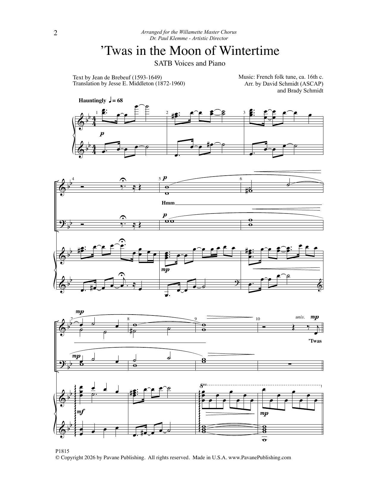 David Schmidt and Brady Schmidt 'Twas in the Moon of Wintertime Sheet Music Notes & Chords for SATB Choir - Download or Print PDF