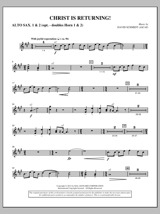 David Schmidt Christ Is Returning! - Alto Sax 1,2 Sheet Music Notes & Chords for Choir Instrumental Pak - Download or Print PDF