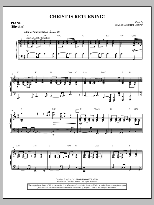 David Schmidt Christ Is Returning! - Rhythm Piano Sheet Music Notes & Chords for Choir Instrumental Pak - Download or Print PDF