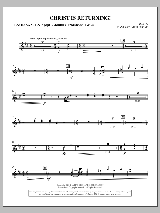 David Schmidt Christ Is Returning! - Tenor Saxophone 1 & 2 in Bb Sheet Music Notes & Chords for Choir Instrumental Pak - Download or Print PDF