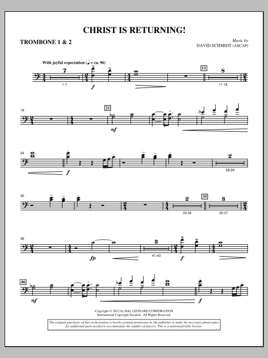 David Schmidt Christ Is Returning! - Trombone 1 & 2 Sheet Music Notes & Chords for Choir Instrumental Pak - Download or Print PDF David Schmidt Christ Is Returning! - Trombone 1 & 2 Sheet Music Notes & Chords for Choir Instrumental Pak - Download or Print PDF
