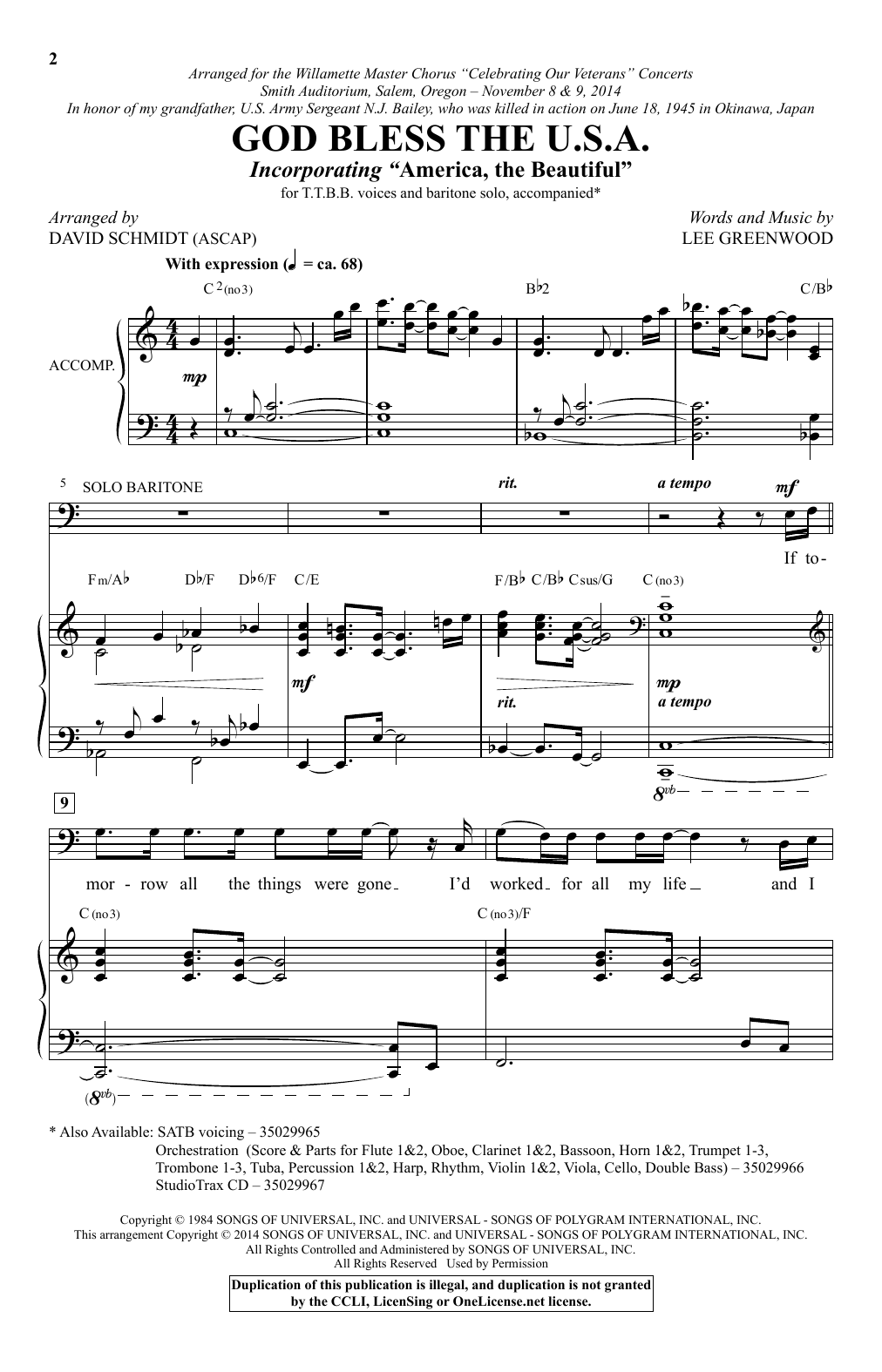 Lee Greenwood God Bless The U.S.A. (arr. David Schmidt) Sheet Music Notes & Chords for TTBB - Download or Print PDF