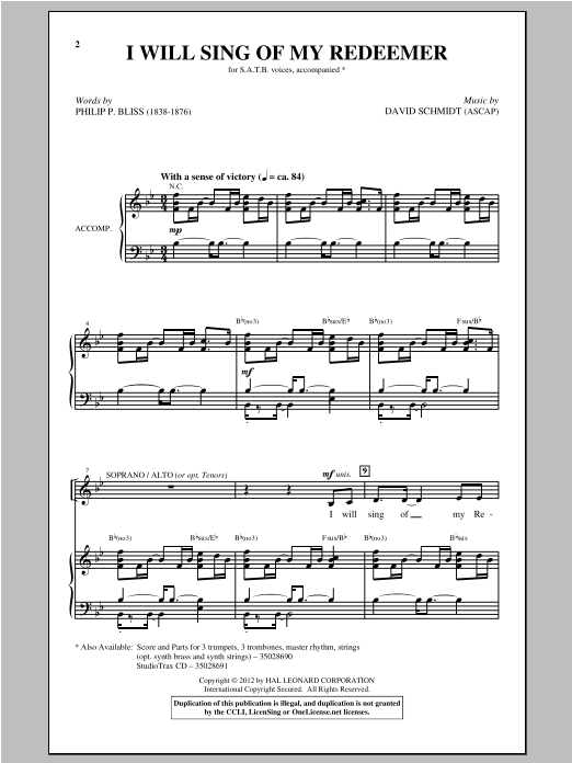 David Schmidt I Will Sing Of My Redeemer Sheet Music Notes & Chords for SATB - Download or Print PDF