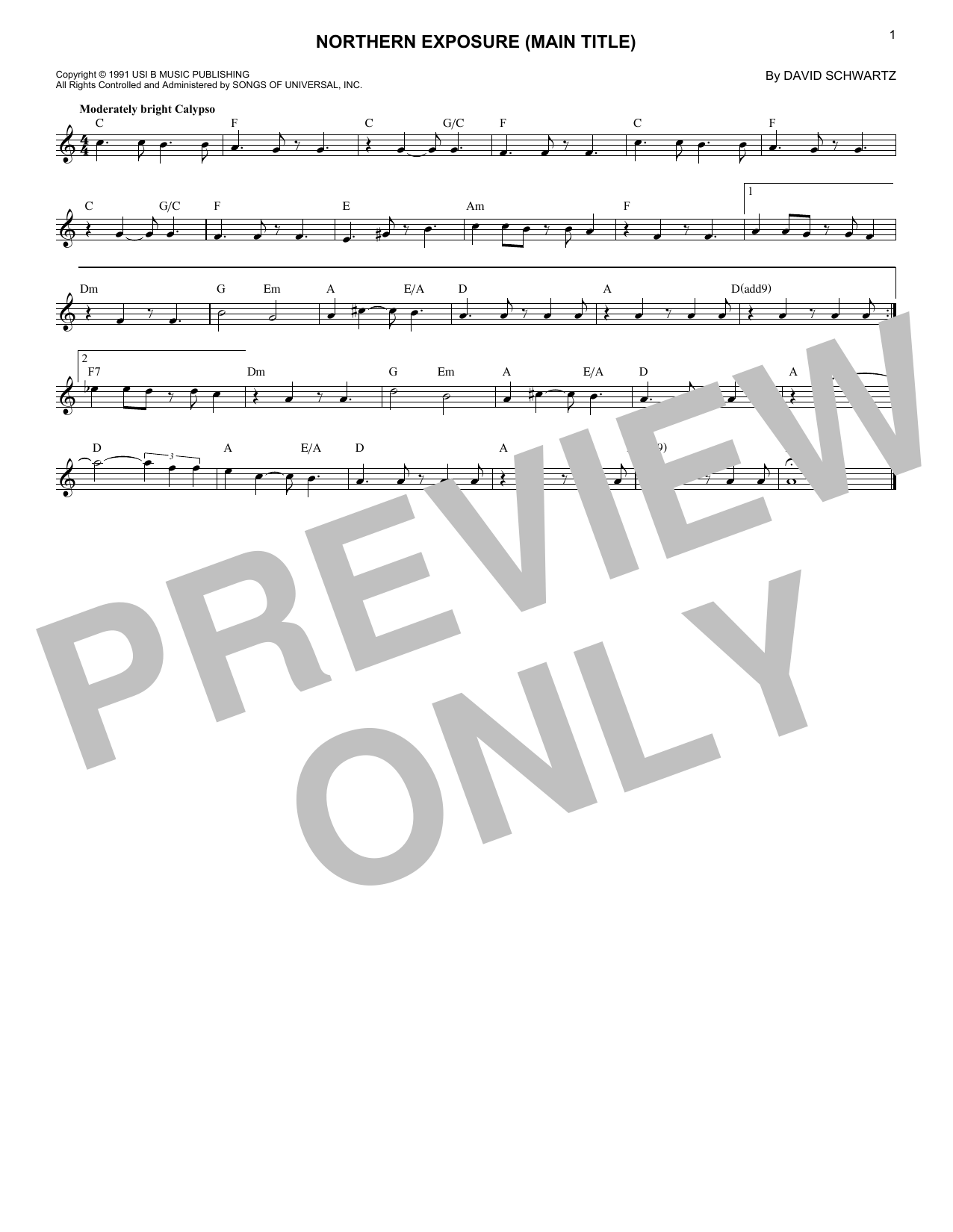 David Schwartz Northern Exposure (Main Title) Sheet Music Notes & Chords for Piano Solo - Download or Print PDF