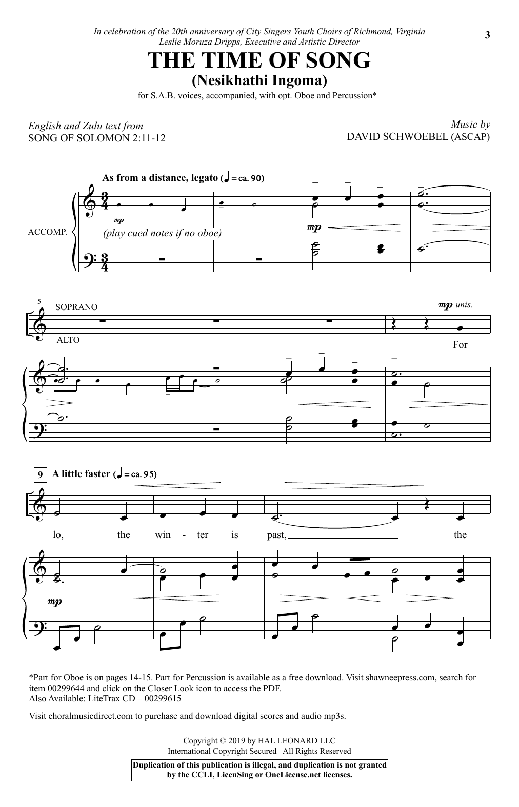 David Schwoebel The Time Of Song (Nesikhathi Ingoma) Sheet Music Notes & Chords for SAB Choir - Download or Print PDF