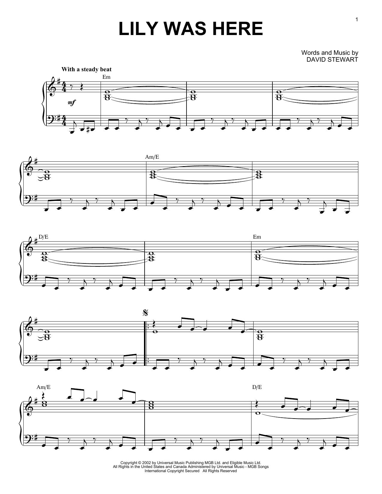 David Stewart Lily Was Here (feat. Candy Dulfer) Sheet Music Notes & Chords for Piano Solo - Download or Print PDF