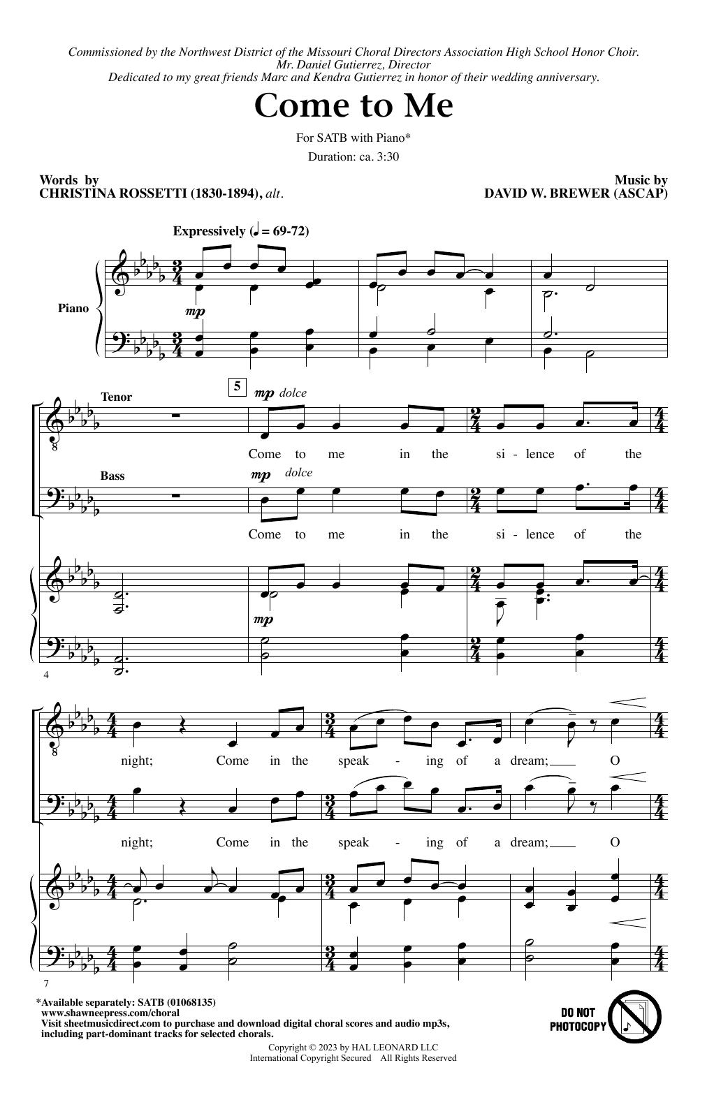 David W. Brewer Come To Me Sheet Music Notes & Chords for SATB Choir - Download or Print PDF