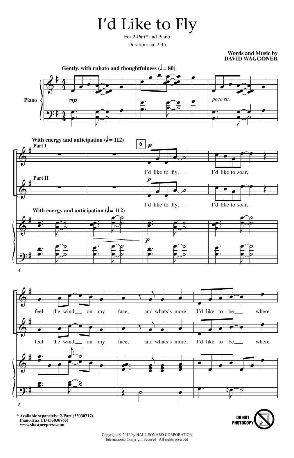 David Waggoner I'd Like To Fly Sheet Music Notes & Chords for 2-Part Choir - Download or Print PDF