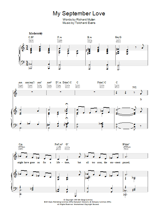 David Whitfield My September Love Sheet Music Notes & Chords for Piano, Vocal & Guitar (Right-Hand Melody) - Download or Print PDF