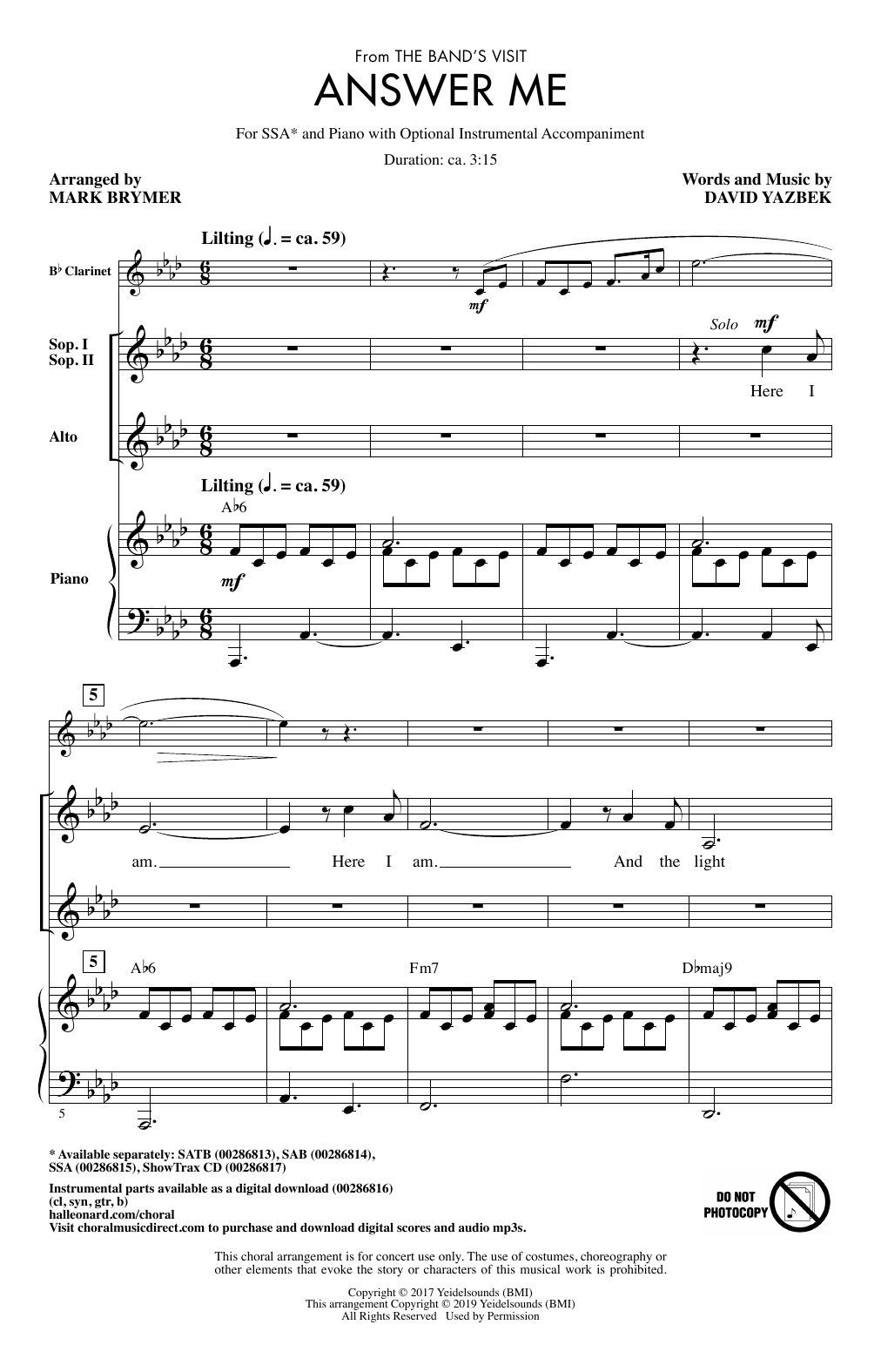 David Yazbek Answer Me (from The Band's Visit) (arr. Mark Brymer) Sheet Music Notes & Chords for SAB Choir - Download or Print PDF
