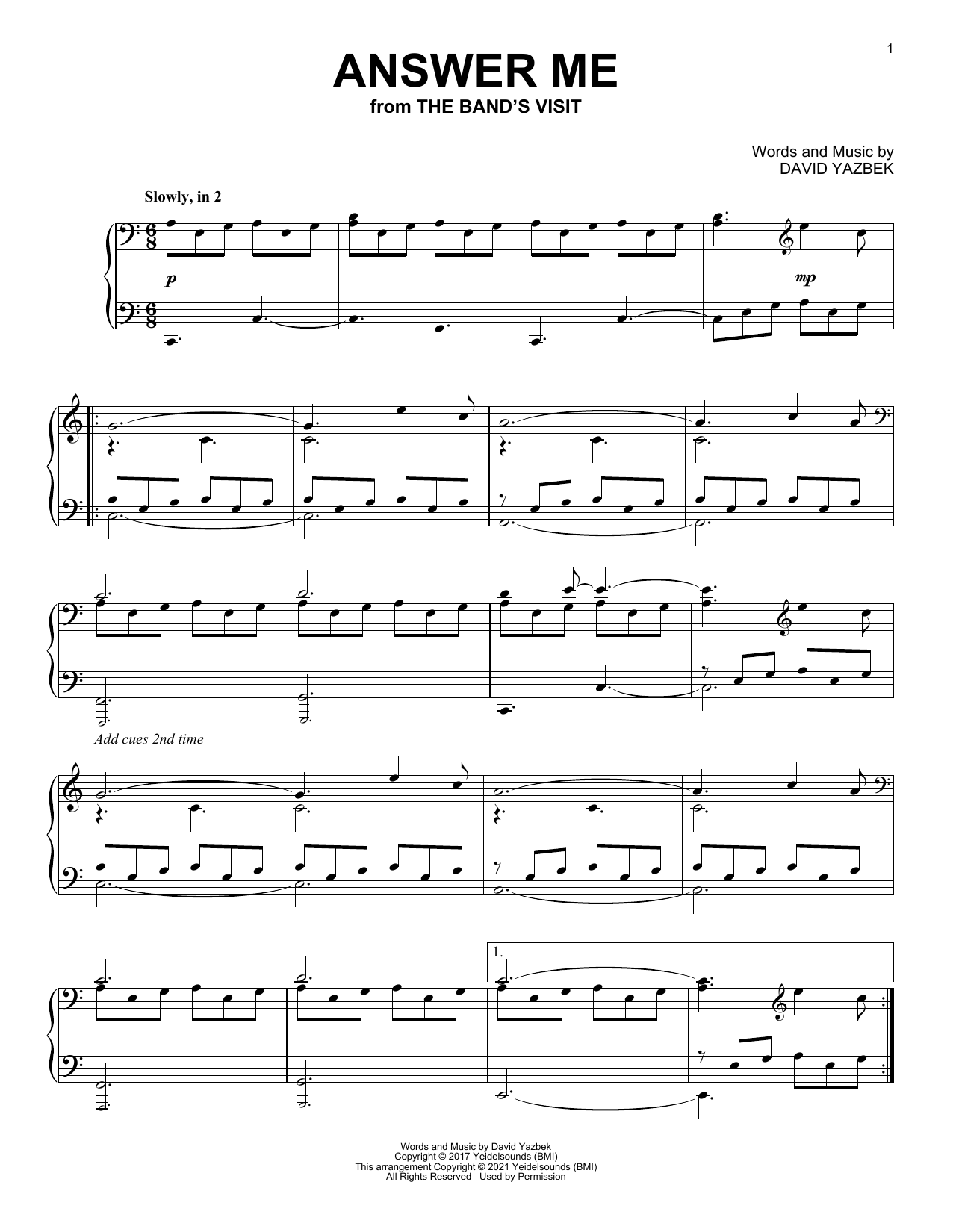 David Yazbek Answer Me (from The Band's Visit) Sheet Music Notes & Chords for Piano Solo - Download or Print PDF