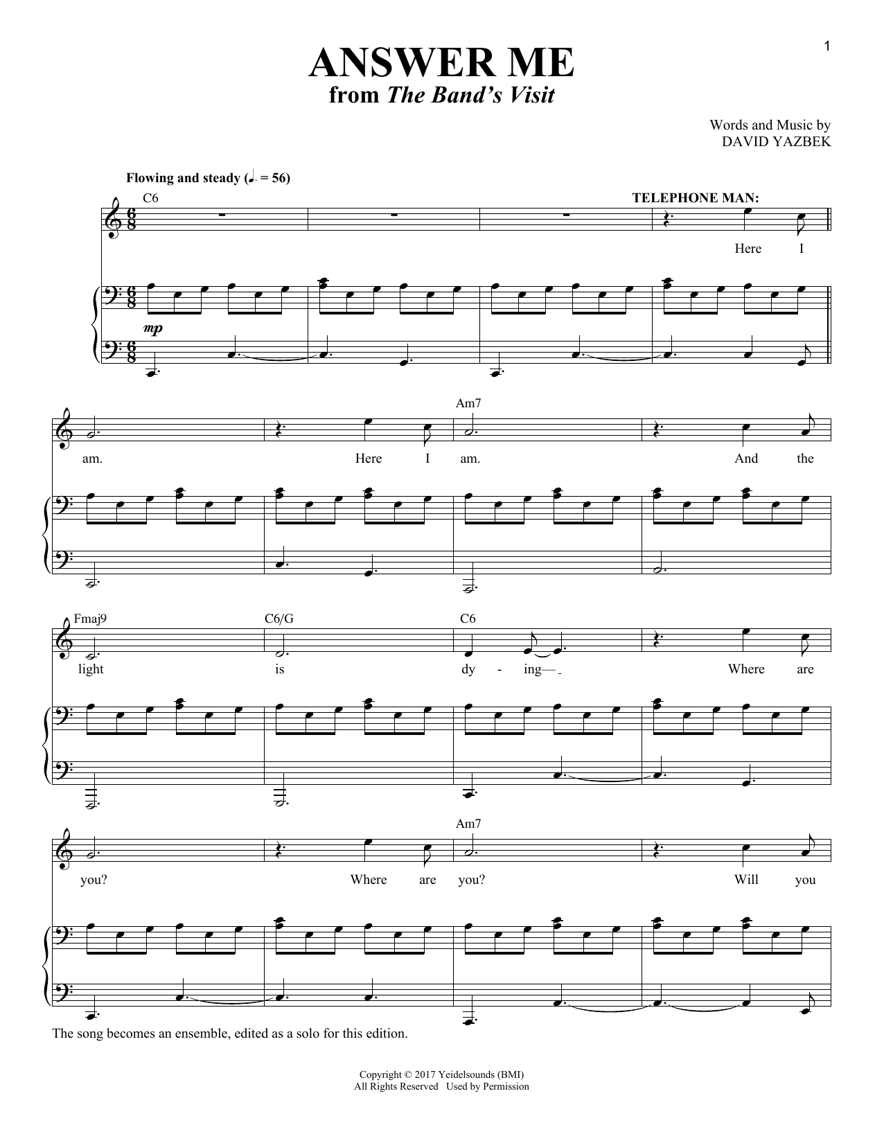 David Yazbek Answer Me [Solo version] (from The Band's Visit) Sheet Music Notes & Chords for Piano & Vocal - Download or Print PDF