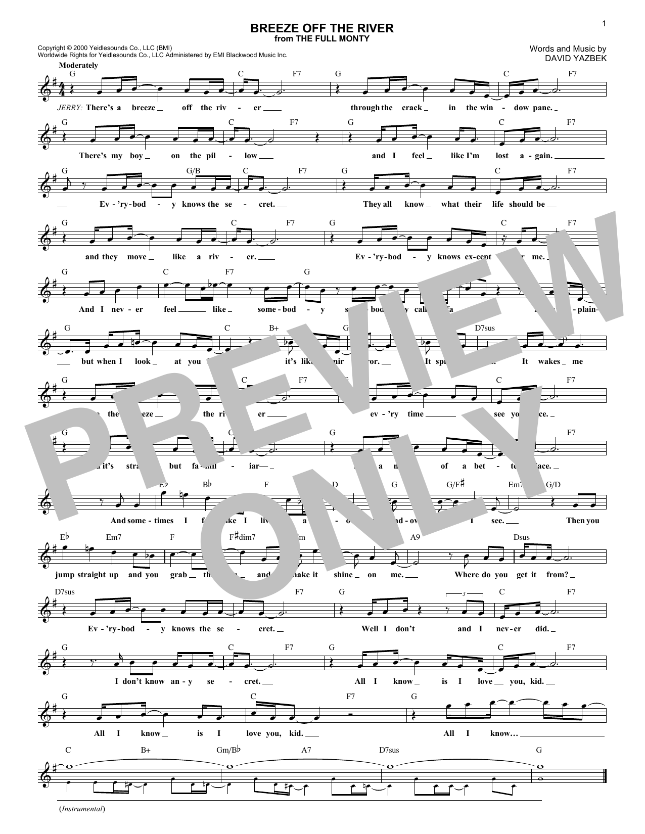 David Yazbek Breeze Off The River Sheet Music Notes & Chords for Melody Line, Lyrics & Chords - Download or Print PDF