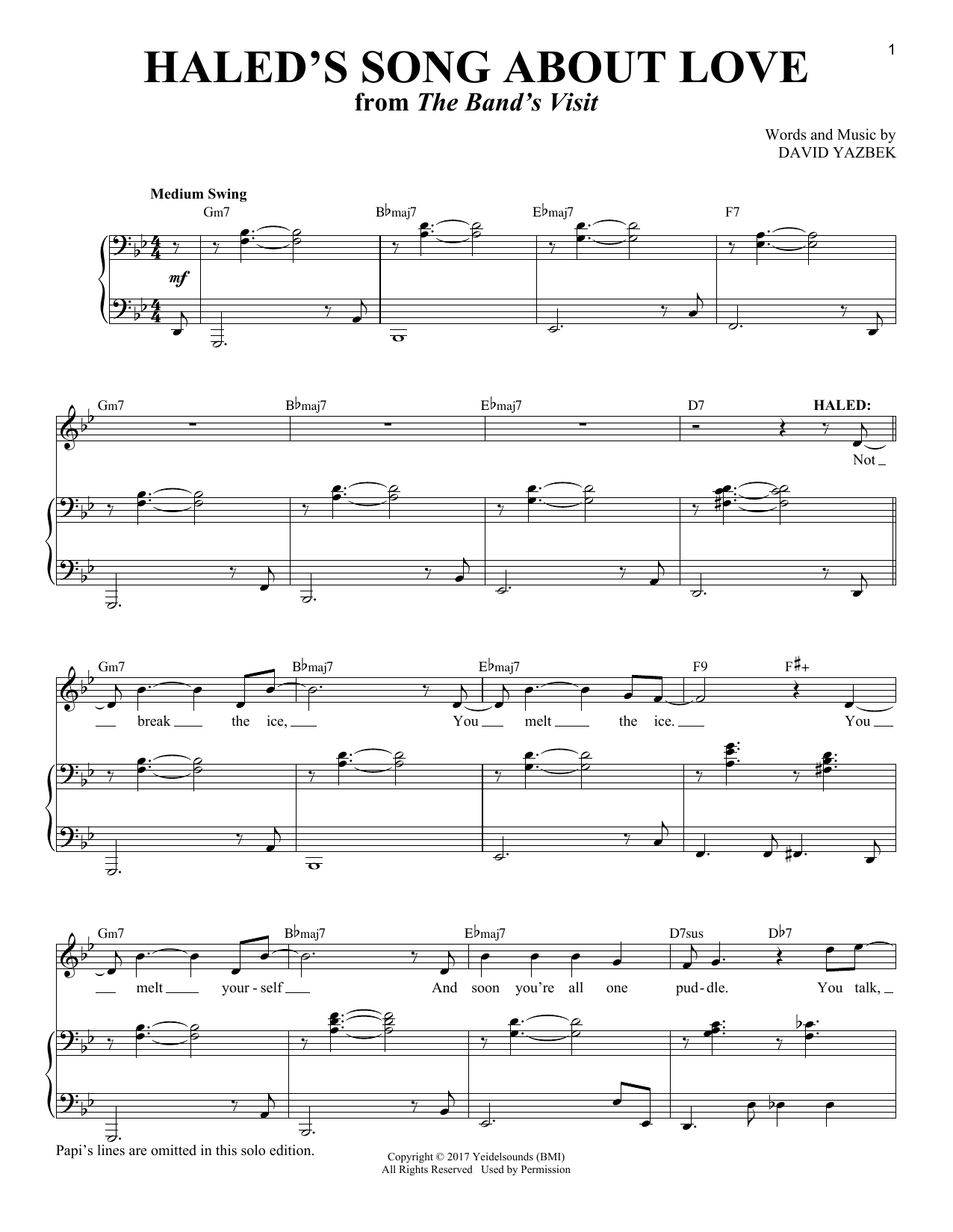 David Yazbek Haled's Song About Love [Solo version] (from The Band's Visit) Sheet Music Notes & Chords for Piano & Vocal - Download or Print PDF