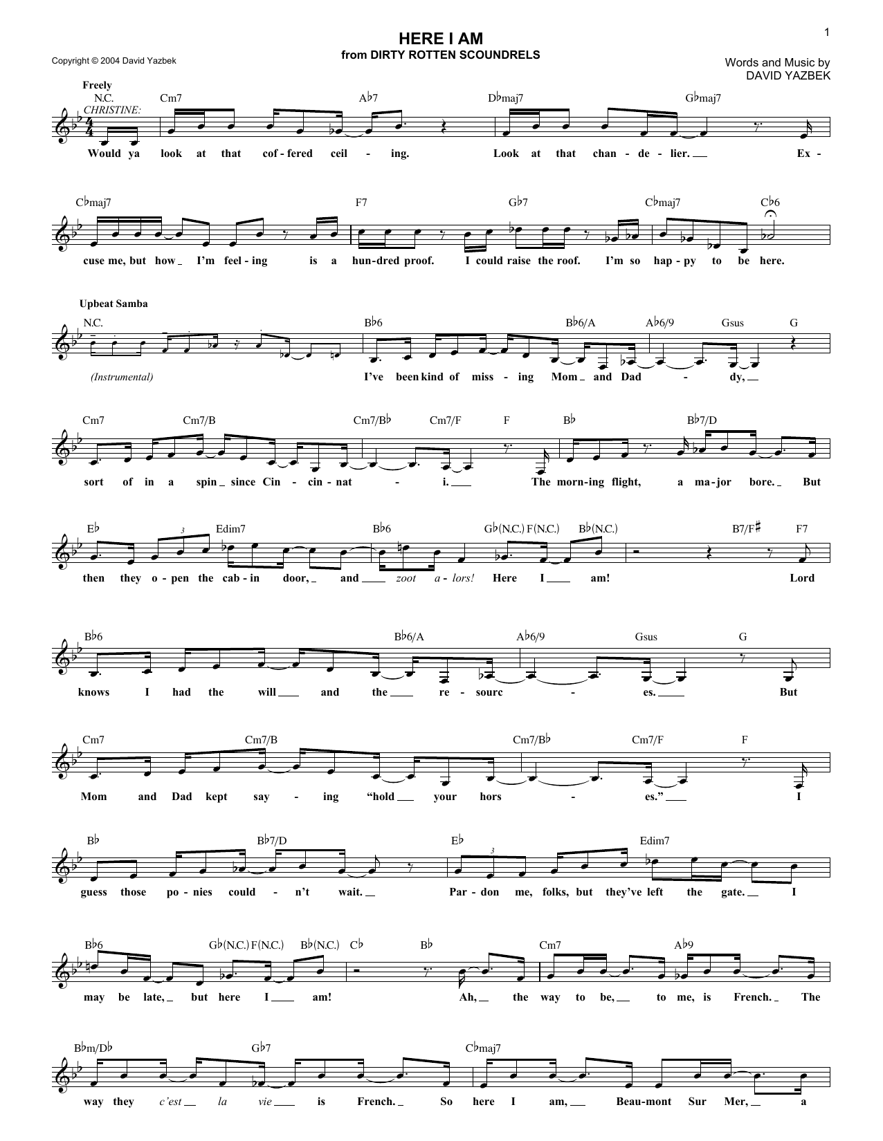 David Yazbek Here I Am Sheet Music Notes & Chords for Melody Line, Lyrics & Chords - Download or Print PDF