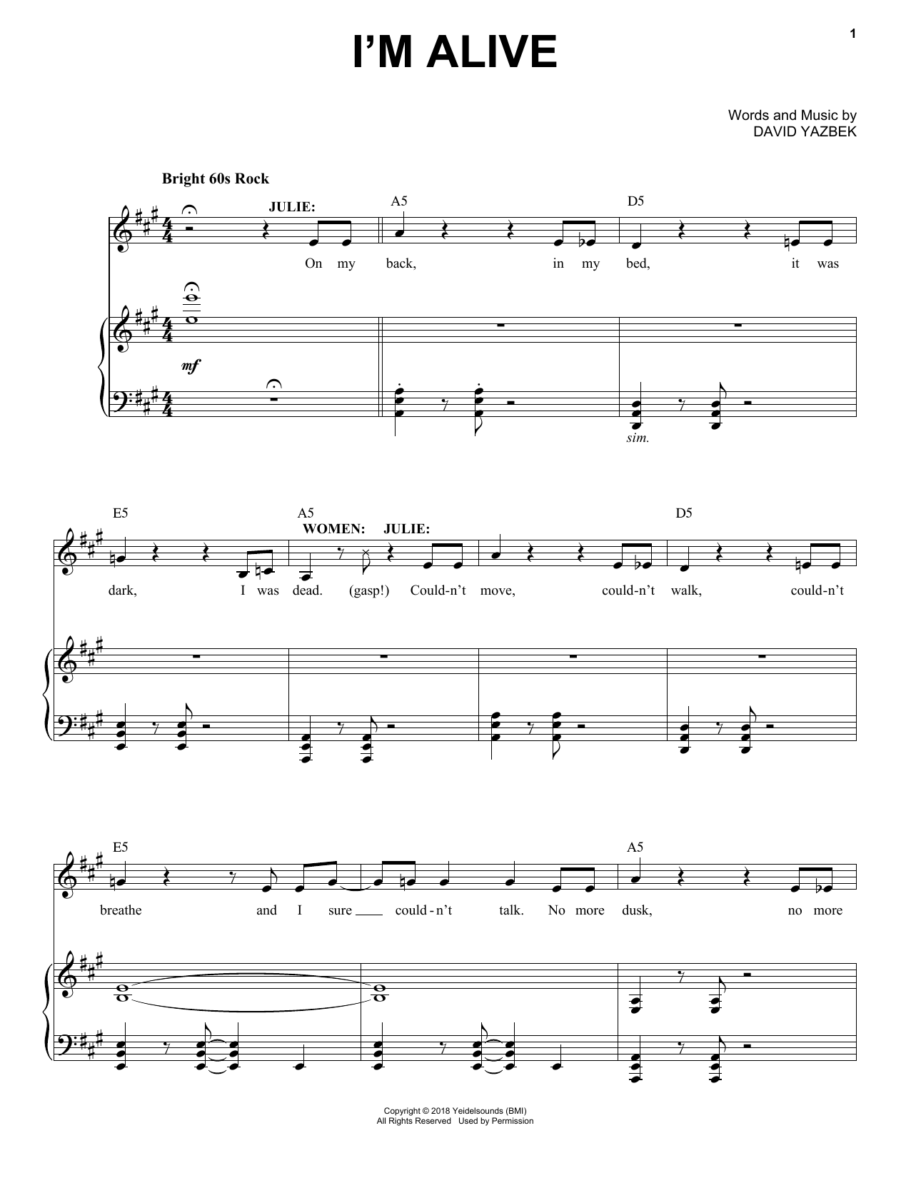 David Yazbek I'm Alive (from the musical Tootsie) Sheet Music Notes & Chords for Piano & Vocal - Download or Print PDF
