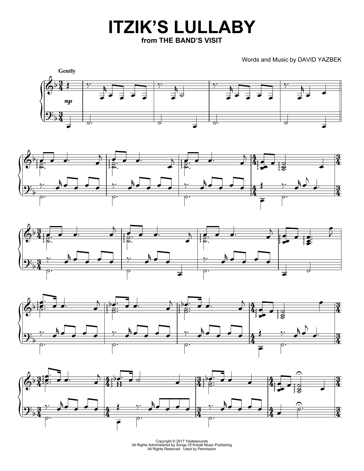 David Yazbek Itzik's Lullaby (from The Band's Visit) (Peaceful Piano Solo) Sheet Music Notes & Chords for Piano Solo - Download or Print PDF David Yazbek Itzik's Lullaby (from The Band's Visit) (Peaceful Piano Solo) Sheet Music Notes & Chords for Piano Solo - Download or Print PDF