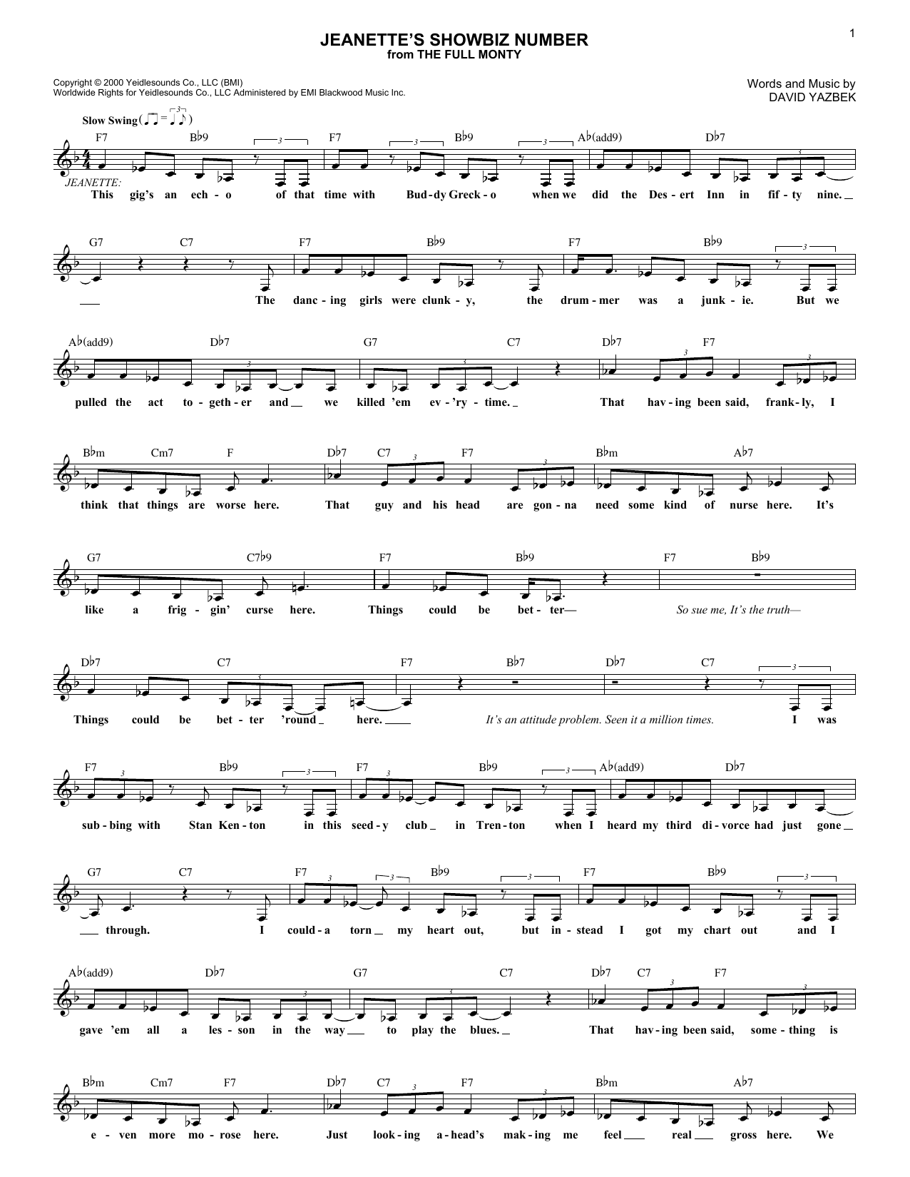 David Yazbek Jeanette's Showbiz Number Sheet Music Notes & Chords for Melody Line, Lyrics & Chords - Download or Print PDF