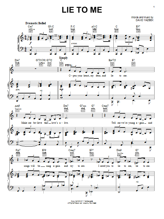David Yazbek Lie To Me Sheet Music Notes & Chords for Piano, Vocal & Guitar (Right-Hand Melody) - Download or Print PDF