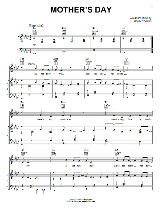 David Yazbek Mother's Day Sheet Music Notes & Chords for Piano, Vocal & Guitar (Right-Hand Melody) - Download or Print PDF